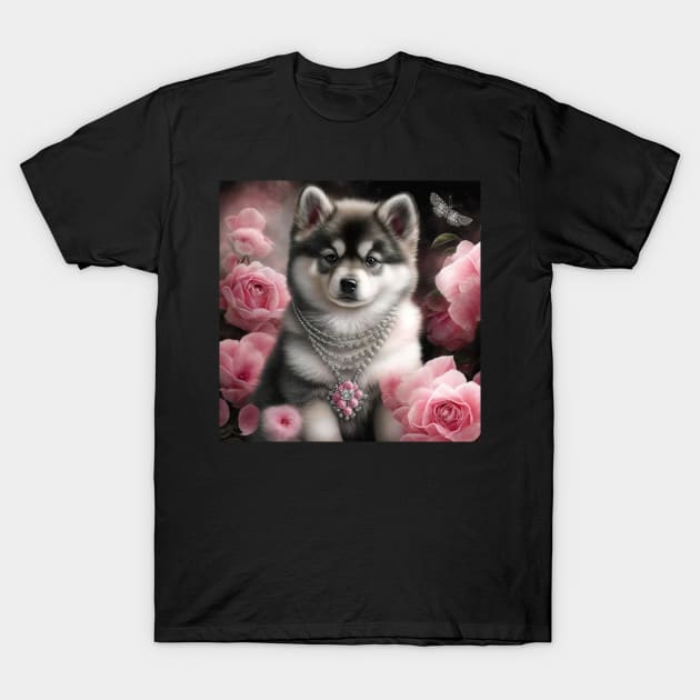 Pomsky With Roses T-Shirt by Enchanted Reverie